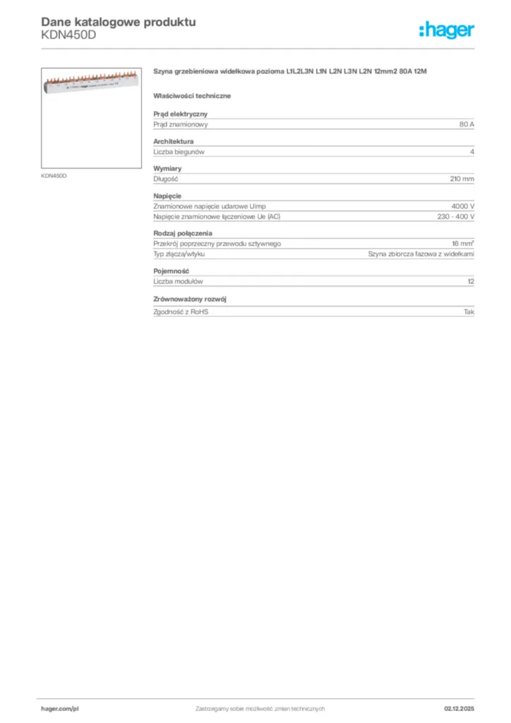 Zdjęcie Hager Dane katalogowe produktu KDN450D | Hager Polska
