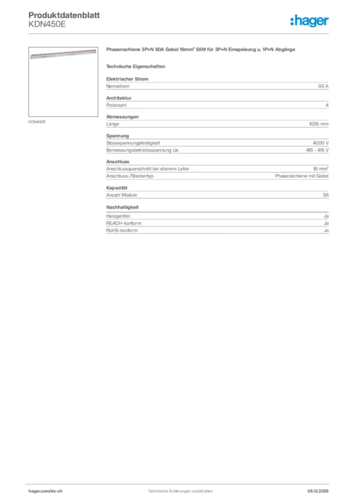 Bild Hager Produktdatenblatt KDN450E | Hager Schweiz