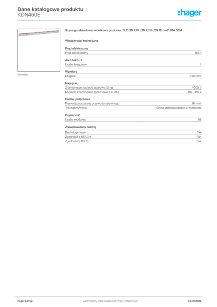 Zdjęcie Hager Dane katalogowe produktu KDN450E | Hager Polska
