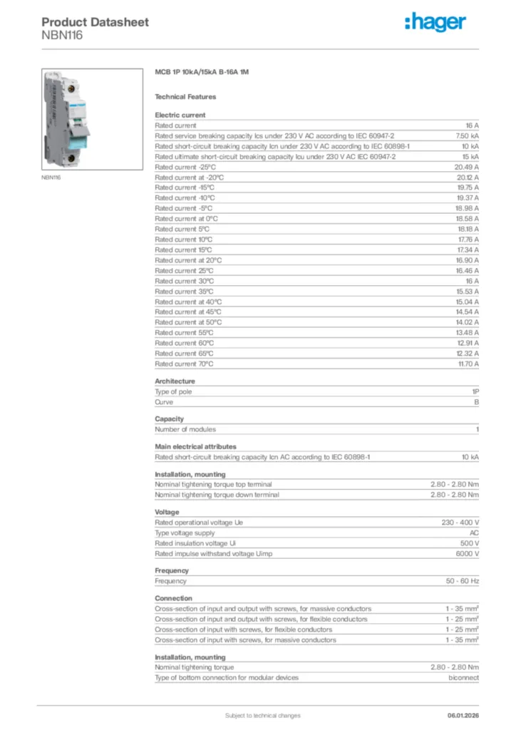 Image Hager Product data sheet NBN116  | Hager