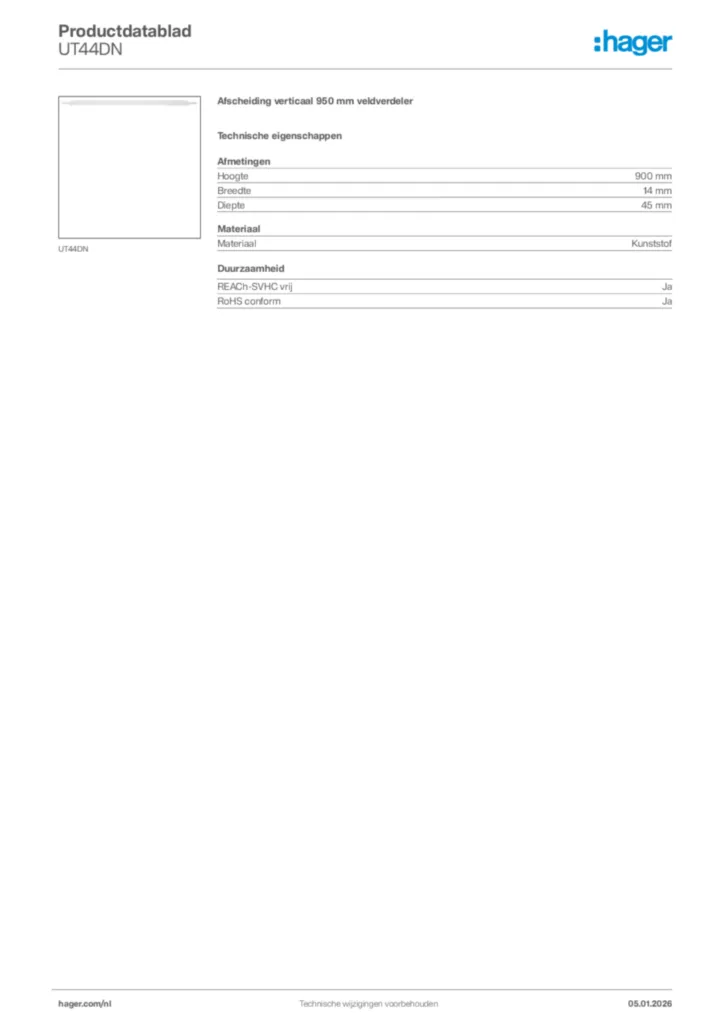 Afbeelding Hager Productdatablad UT44DN | Hager Nederland