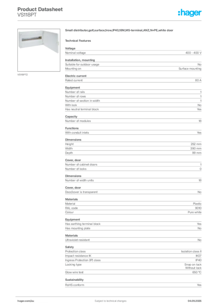 Image Hager Product data sheet VS118PT  | Hager Australia