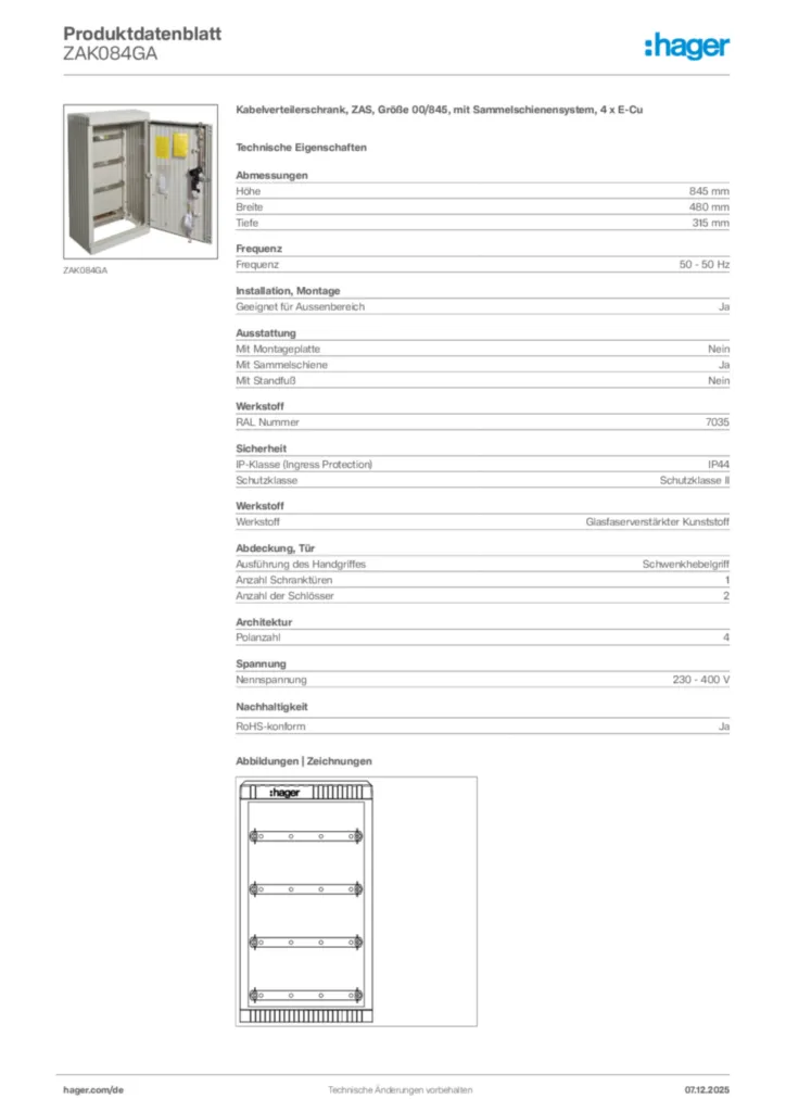 Bild Hager Produktdatenblatt ZAK084GA | Hager Deutschland