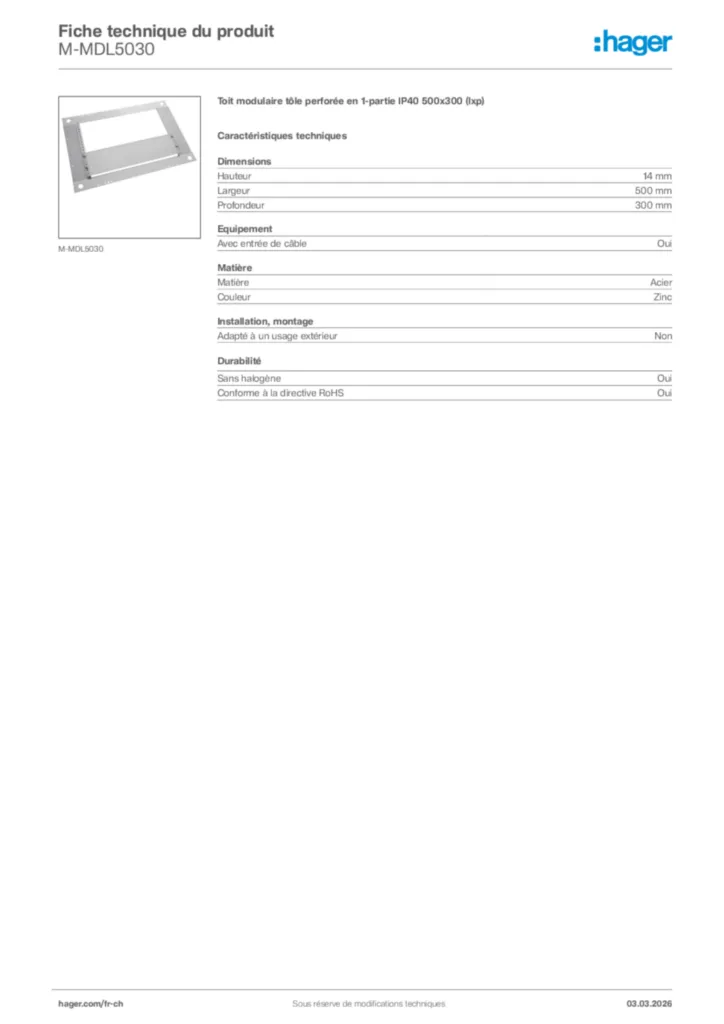 Image Hager Fiche technique du produit M-MDL5030 | Hager Suisse