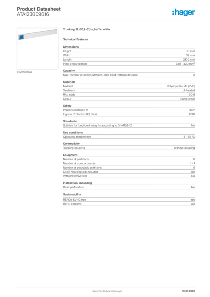 Image Hager Product data sheet ATA123009016  | Hager Africa