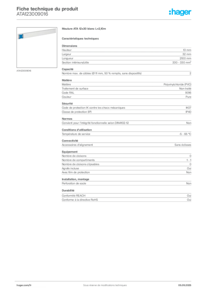 Image Hager Fiche technique du produit ATA123009016 | Hager France