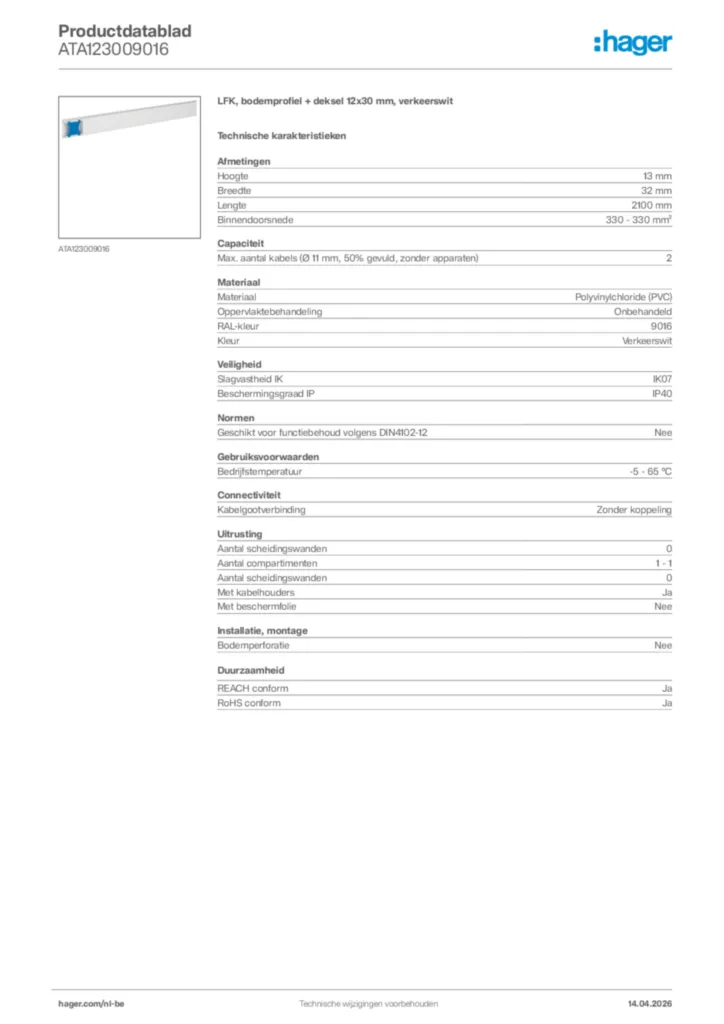 Afbeelding Hager Productdatablad ATA123009016 | Hager Belgium