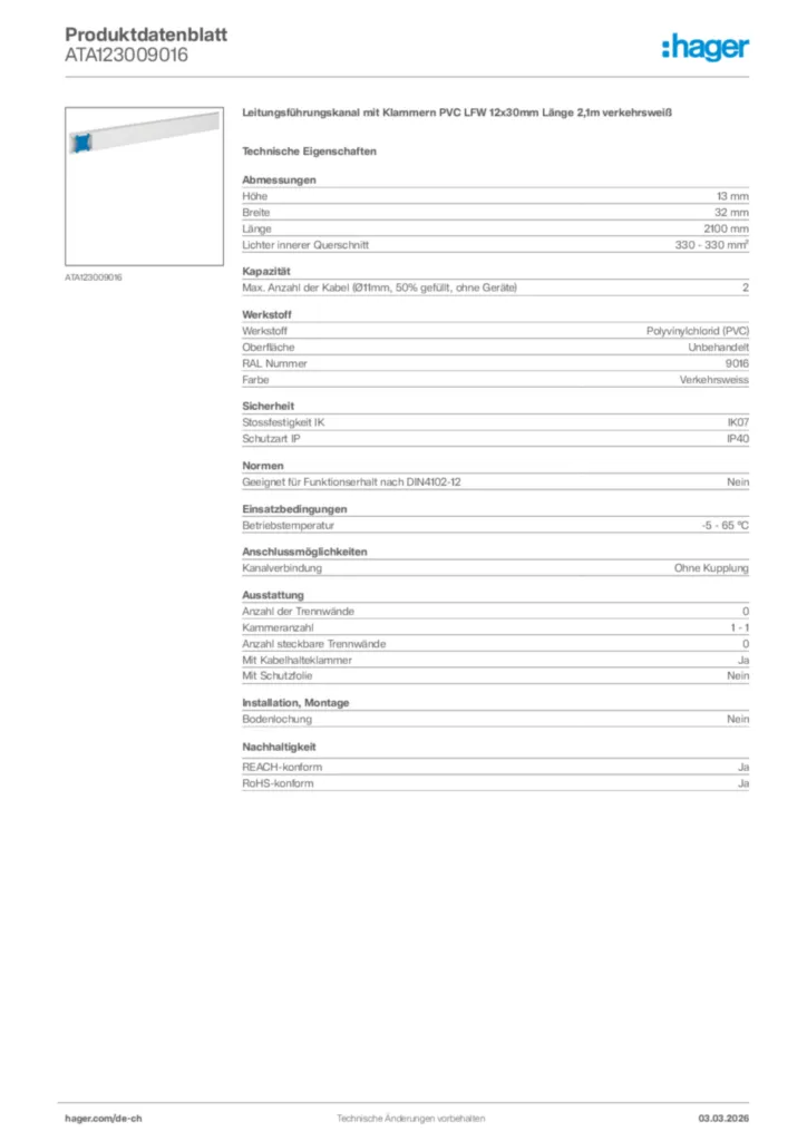 Bild Hager Produktdatenblatt ATA123009016 | Hager Schweiz