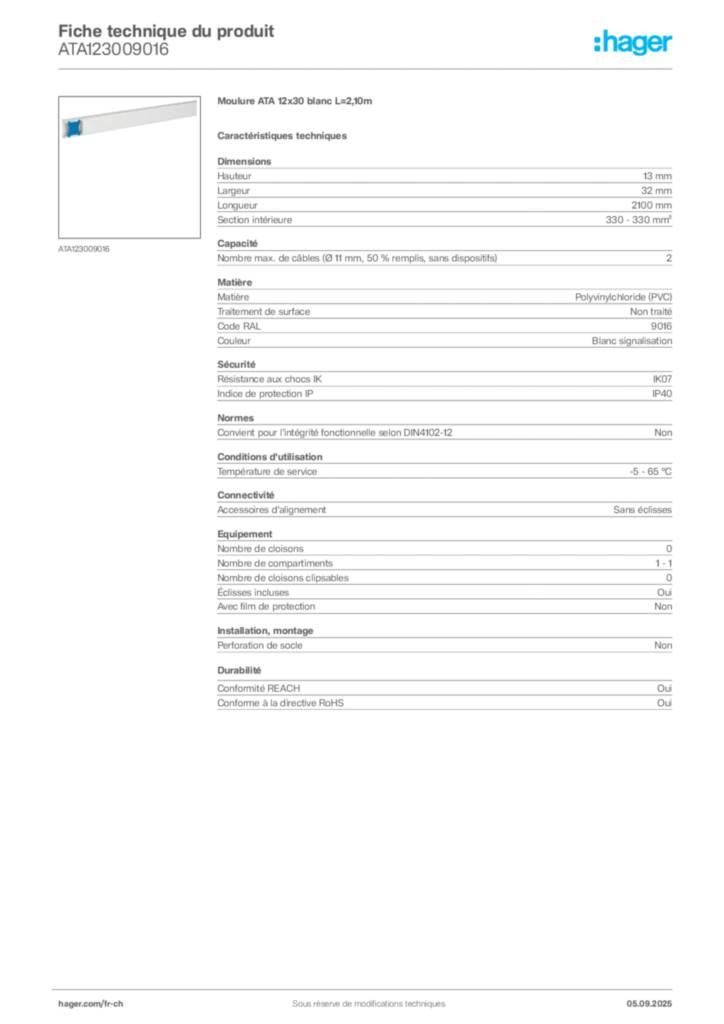 Image Hager Fiche technique du produit ATA123009016 | Hager Suisse