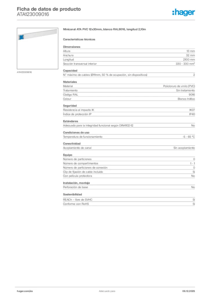 Imagen Hager Ficha de datos de producto ATA123009016 | Hager España