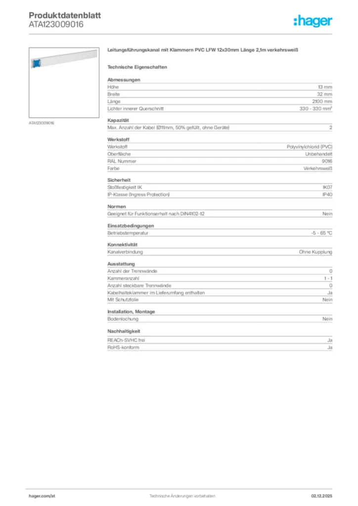 Bild Hager Produktdatenblatt ATA123009016 | Hager Deutschland
