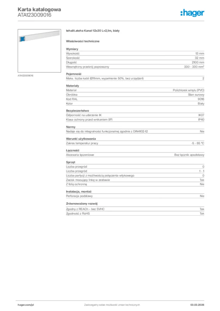 Zdjęcie Hager Karta katalogowa ATA123009016 | Hager Polska