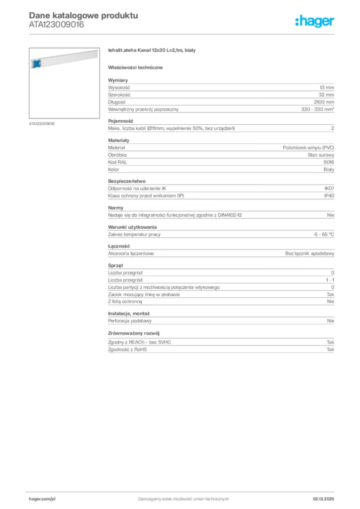 Zdjęcie Hager Dane katalogowe produktu ATA123009016 | Hager Polska