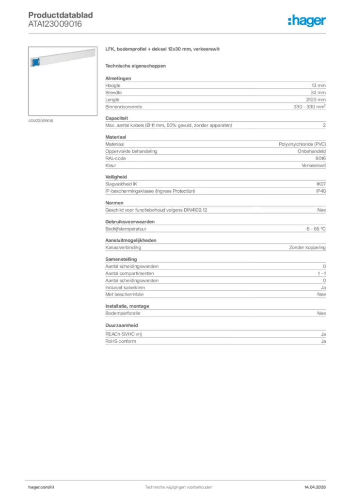 Afbeelding Hager Productdatablad ATA123009016 | Hager Nederland
