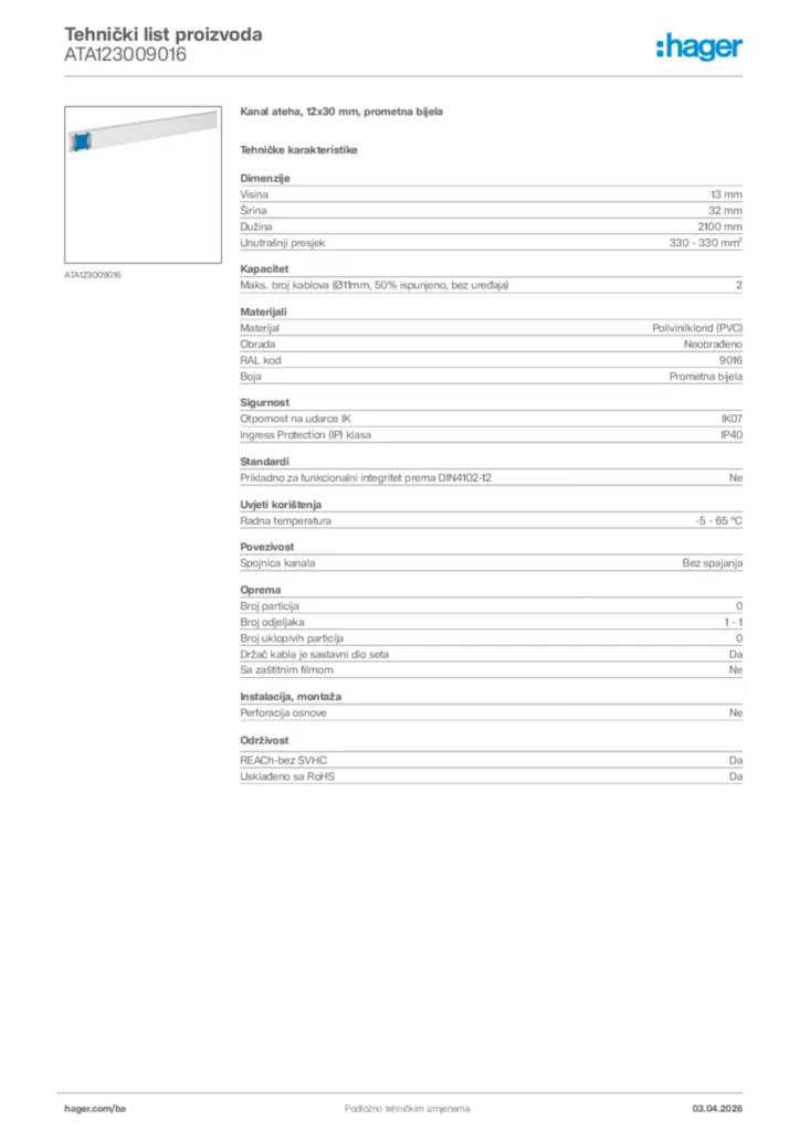 Slika Hager Tehnički list proizvoda ATA123009016  | Hager