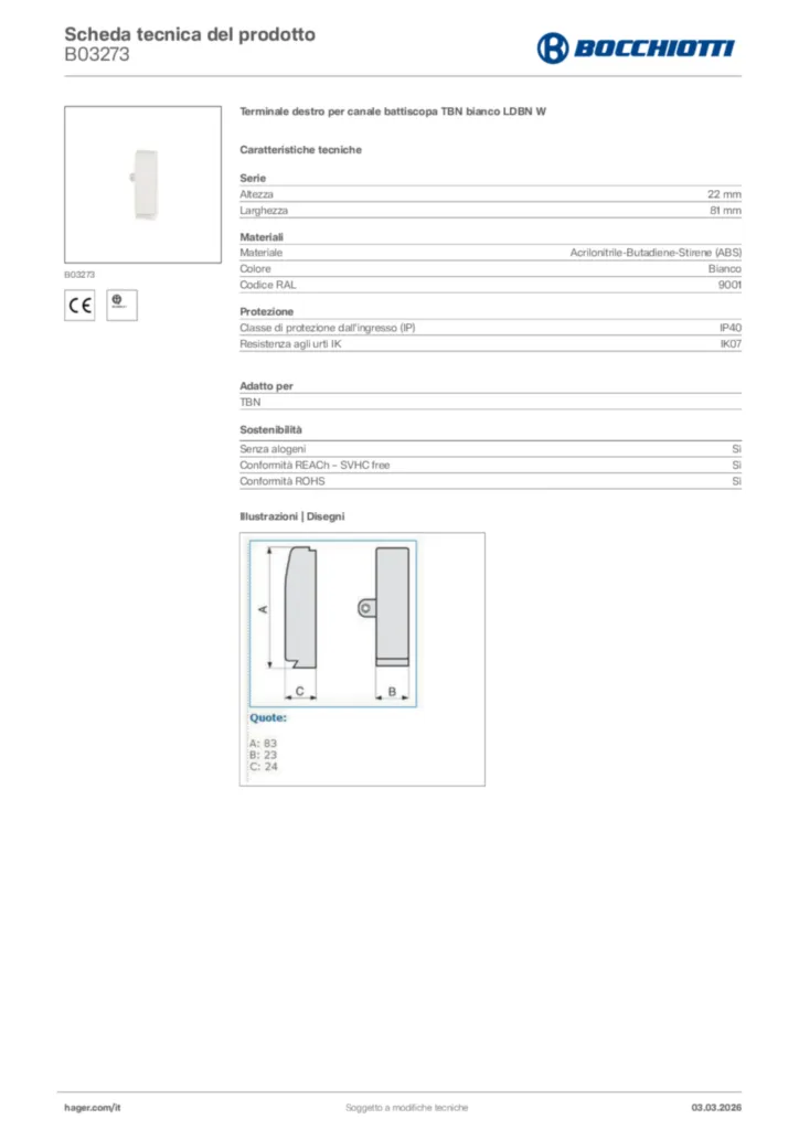 Immagine Bocchiotti Scheda tecnica del prodotto B03273 | Hager Italia