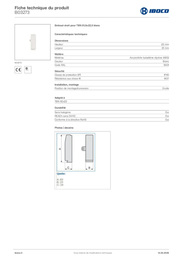 Image Iboco Fiche technique du produit B03273 | Hager France
