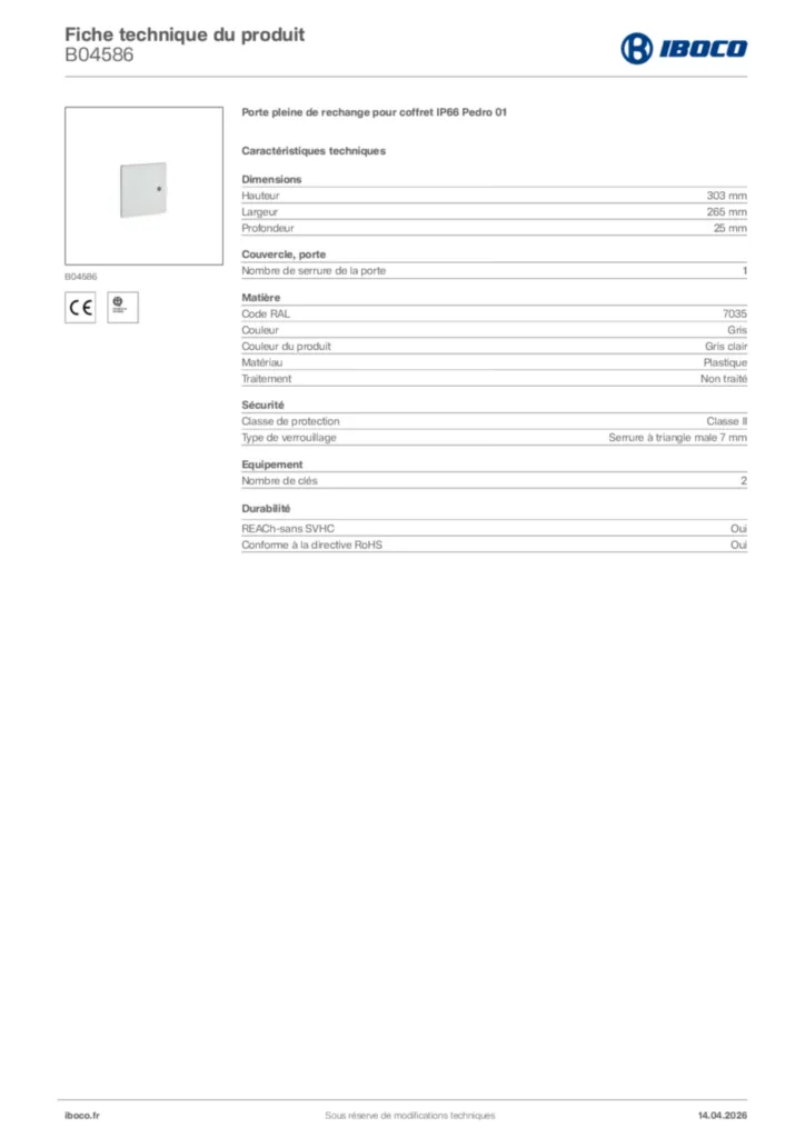 Image Iboco Fiche technique du produit B04586 | Hager France