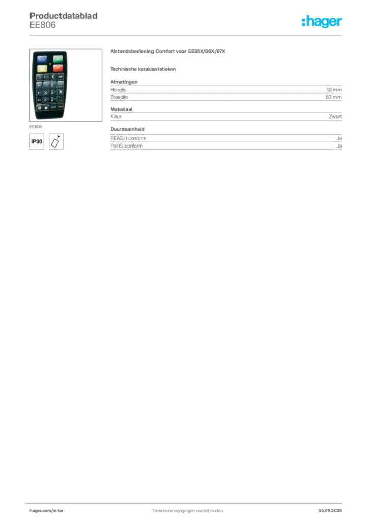 Afbeelding Hager Productdatablad EE806 | Hager Belgium