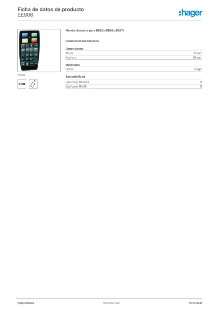 Imagen Hager Ficha de datos de producto EE806 | Hager España