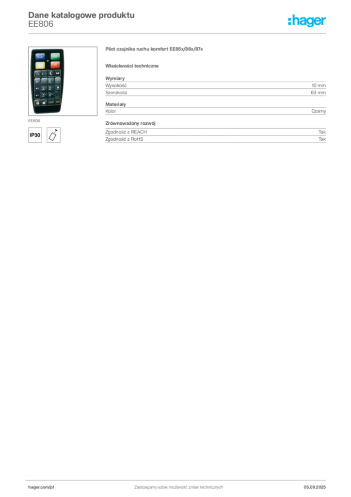 Zdjęcie Hager Dane katalogowe produktu EE806 | Hager Polska