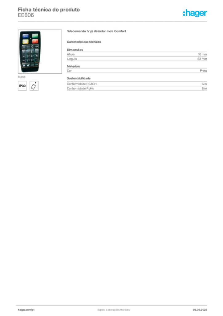 Imagem Hager Ficha técnica do produto EE806 | Hager Portugal