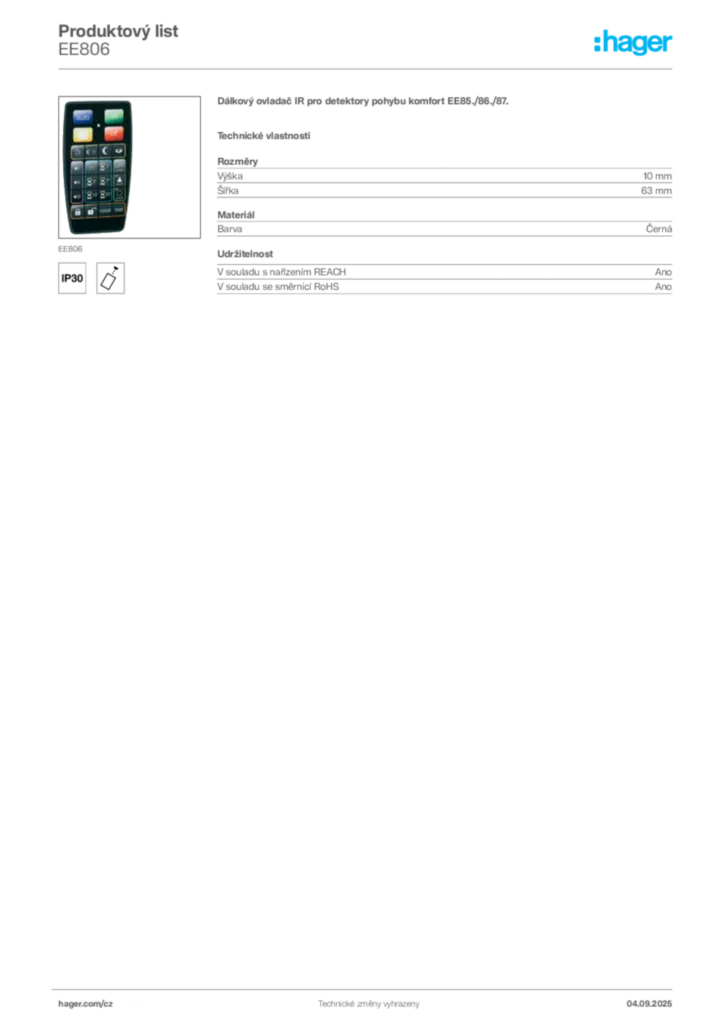 Obrázek Hager Produktový list EE806 | Hager
