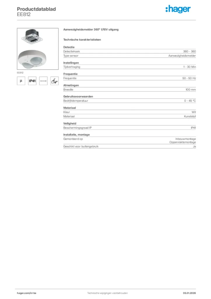 Afbeelding Hager Productdatablad EE812 | Hager Belgium