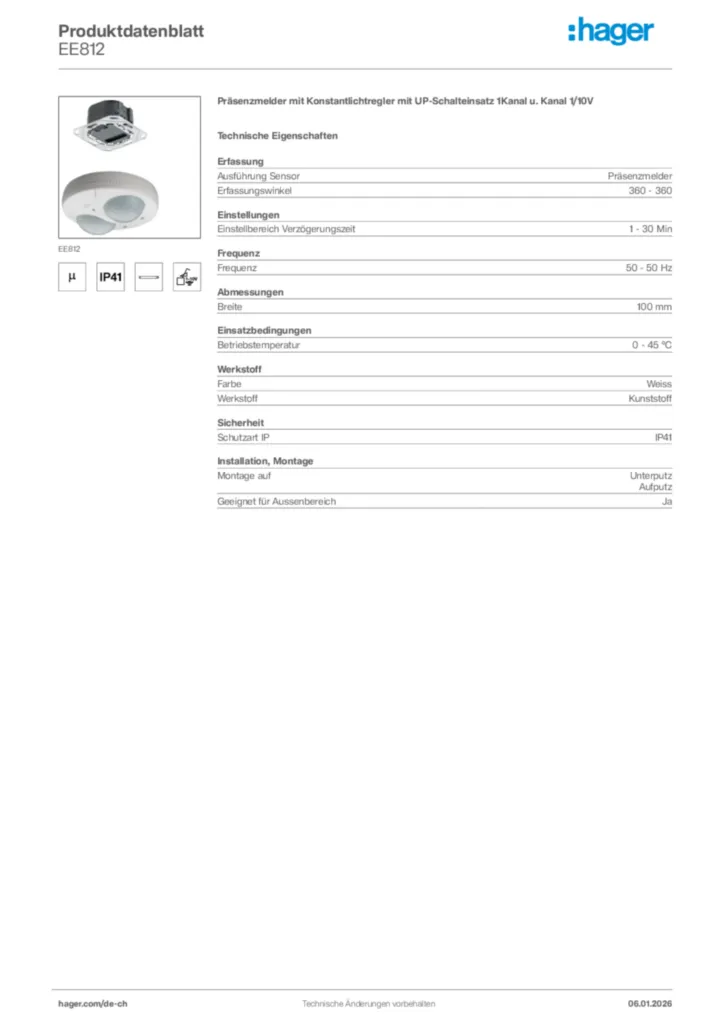 Bild Hager Produktdatenblatt EE812 | Hager Schweiz