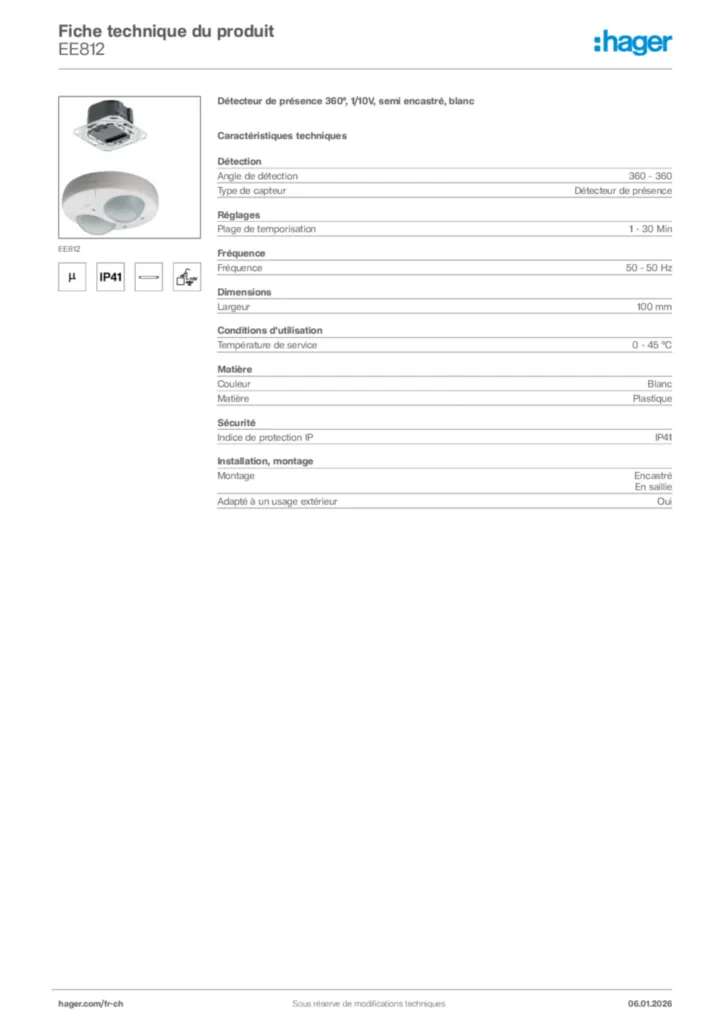 Image Hager Fiche technique du produit EE812 | Hager Suisse
