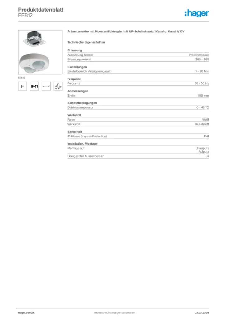 Bild Hager Produktdatenblatt EE812 | Hager Deutschland