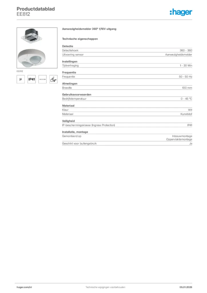 Afbeelding Hager Productdatablad EE812 | Hager Nederland