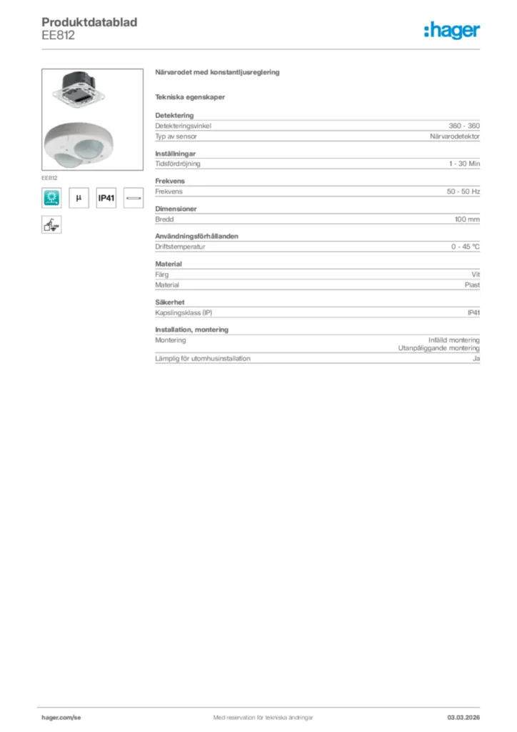 Bild Hager Produktdatablad EE812 | Hager Sverige