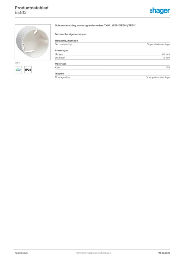 Afbeelding Hager Productdatablad EE813 | Hager Nederland