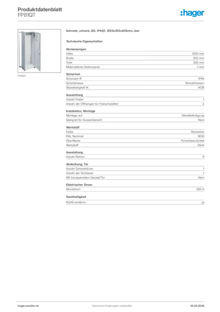 Bild Hager Produktdatenblatt FP81QT | Hager Schweiz