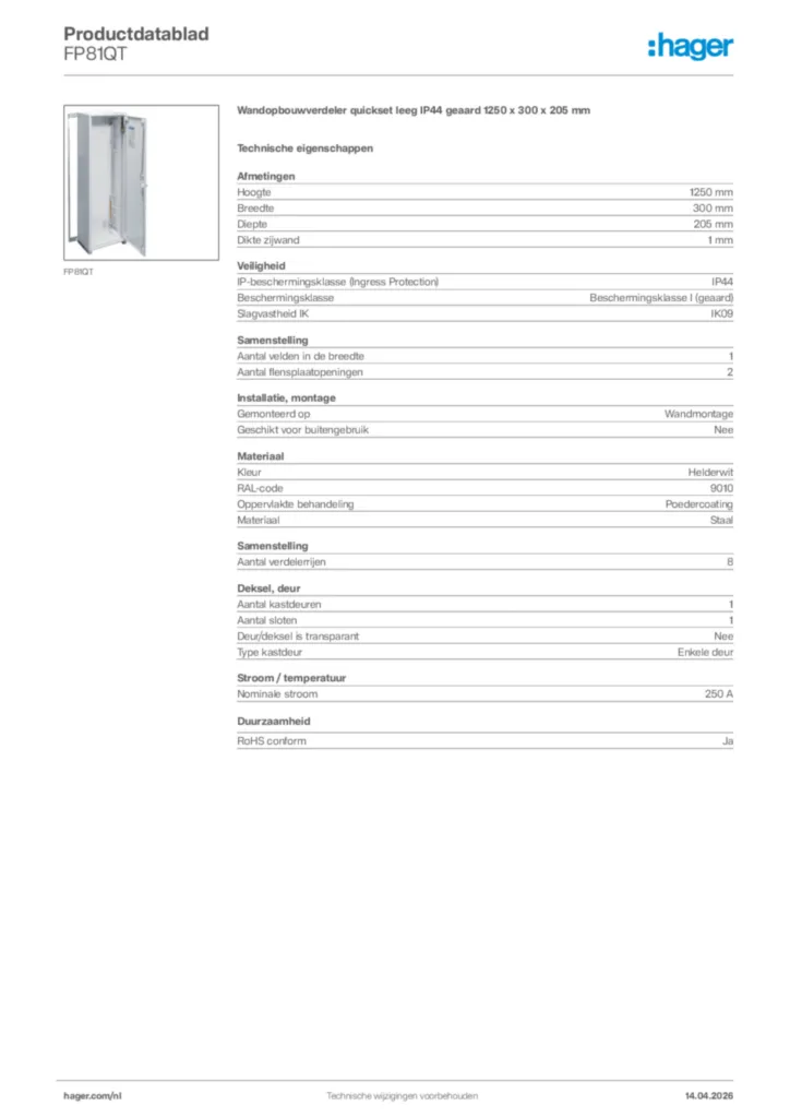Afbeelding Hager Productdatablad FP81QT | Hager Nederland