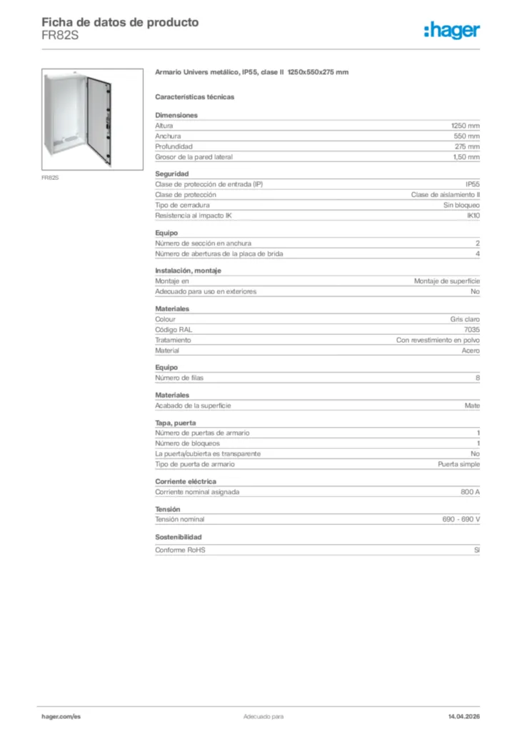 Imagen Hager Ficha de datos de producto FR82S | Hager España