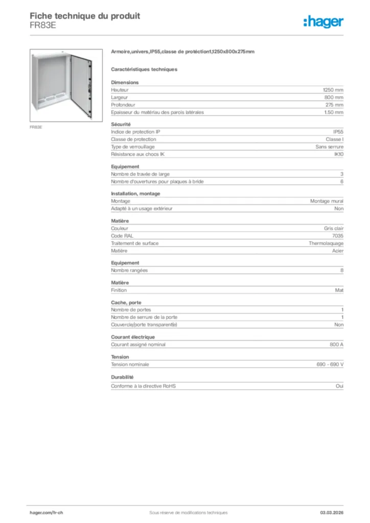 Image Hager Fiche technique du produit FR83E | Hager Suisse