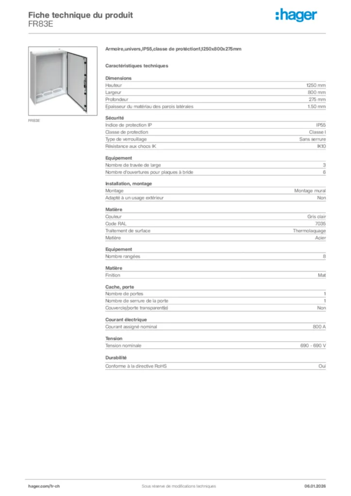 Image Hager Fiche technique du produit FR83E | Hager Suisse