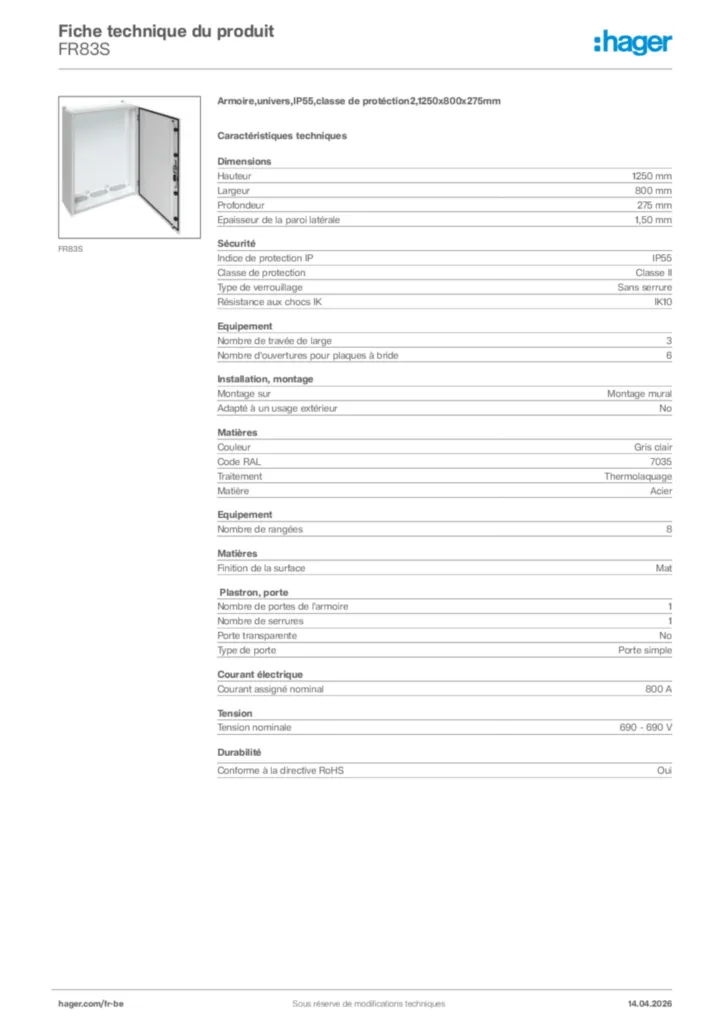 Image Hager Fiche technique du produit FR83S | Hager Belgique