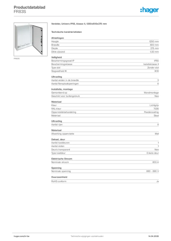 Afbeelding Hager Productdatablad FR83S | Hager Belgium