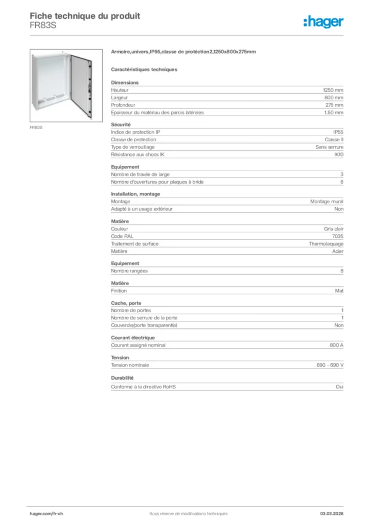 Image Hager Fiche technique du produit FR83S | Hager Suisse
