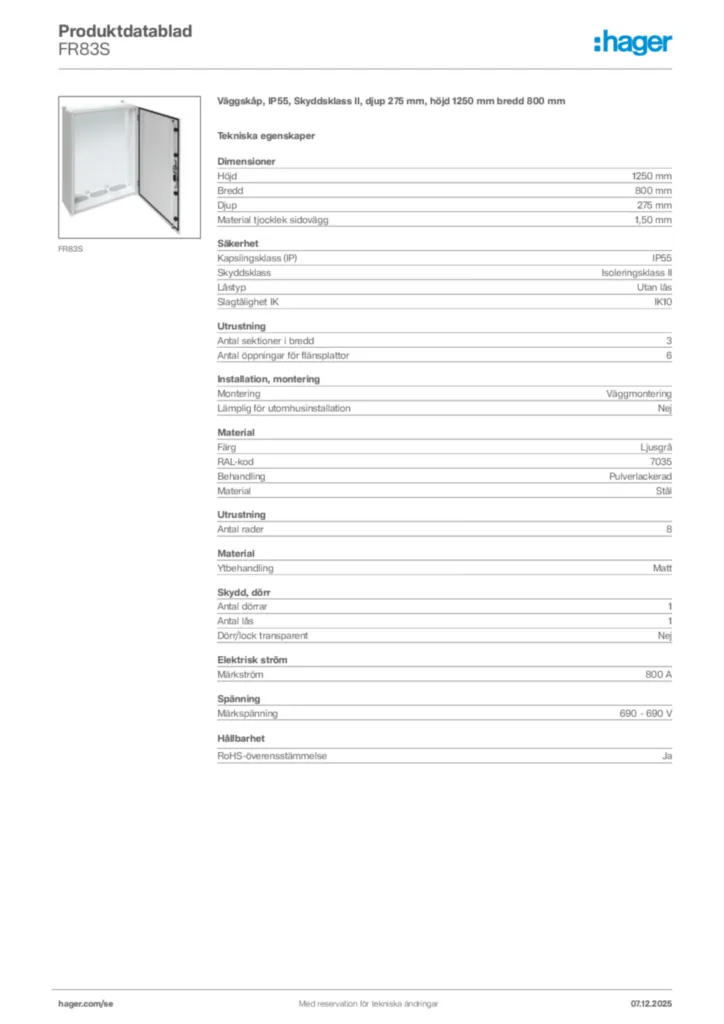 Bild Hager Produktdatablad FR83S | Hager Sverige