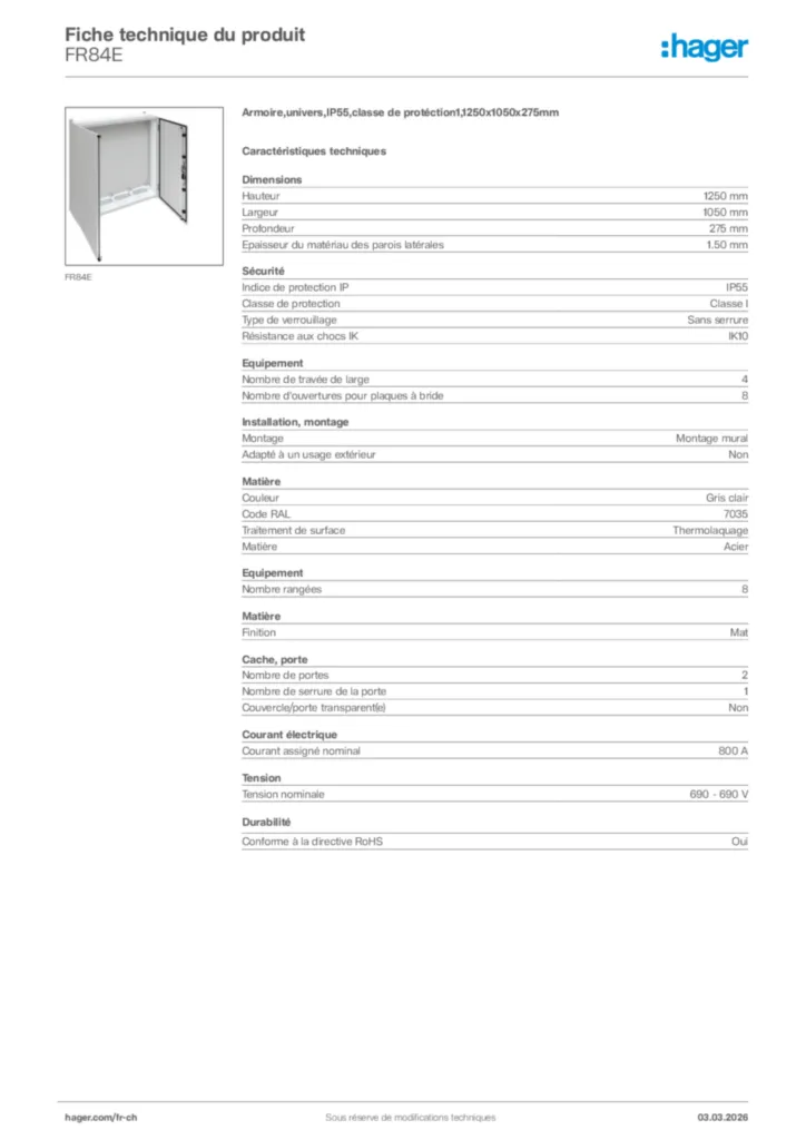 Image Hager Fiche technique du produit FR84E | Hager Suisse