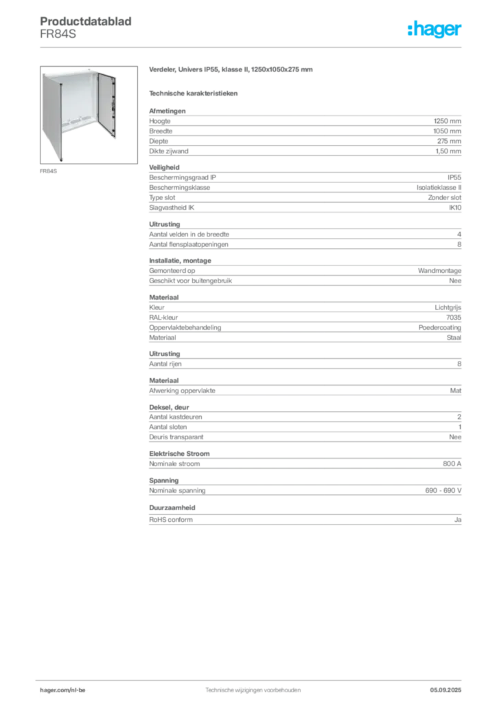 Afbeelding Hager Productdatablad FR84S | Hager Belgium
