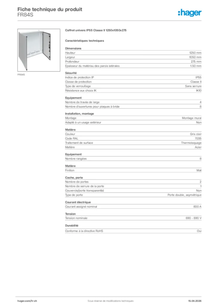Image Hager Fiche technique du produit FR84S | Hager Suisse