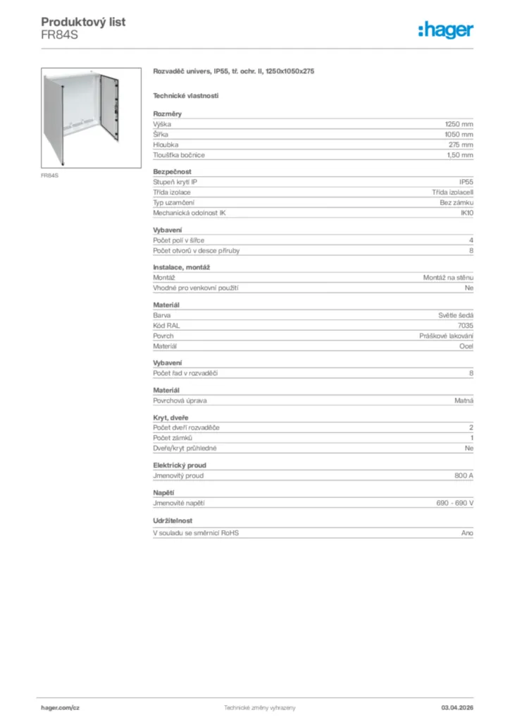 Obrázek Hager Product data sheet FR84S | Hager