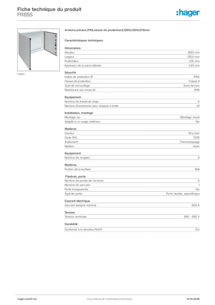 Image Hager Fiche technique du produit FR85S | Hager Belgique