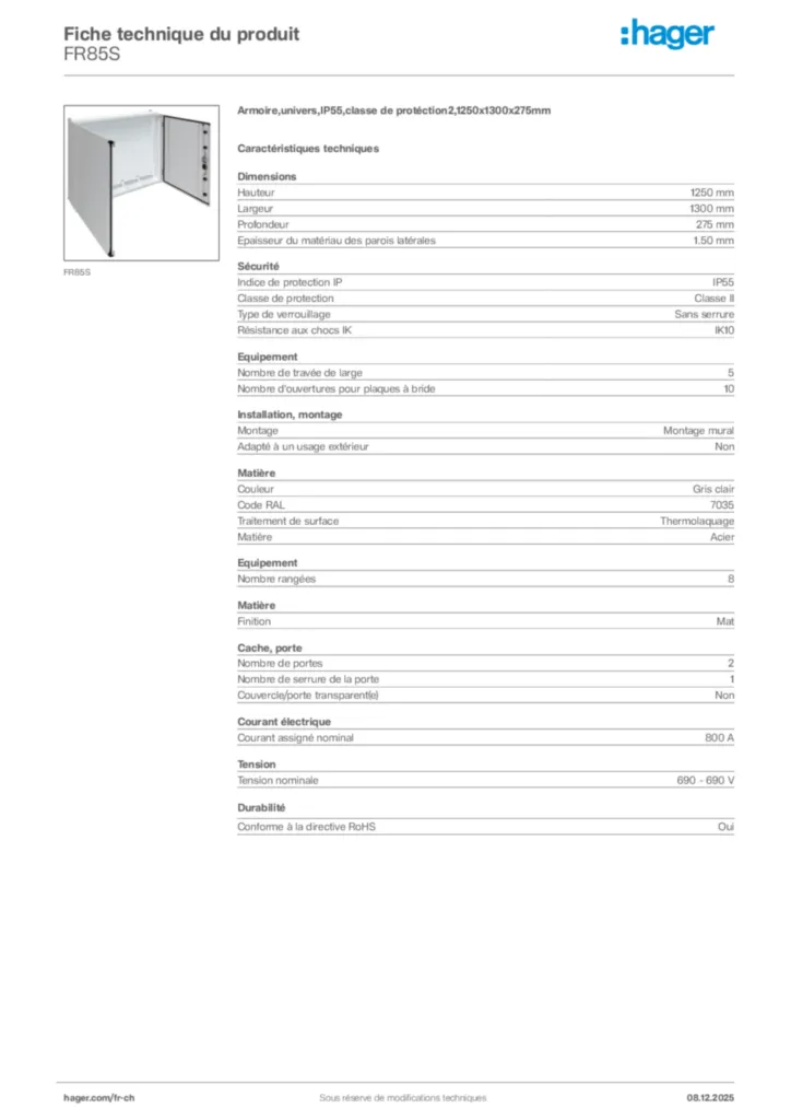 Image Hager Fiche technique du produit FR85S | Hager Suisse