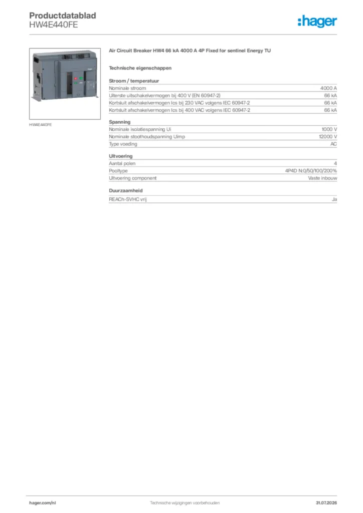 Afbeelding Hager Productdatablad HW4E440FE | Hager Nederland